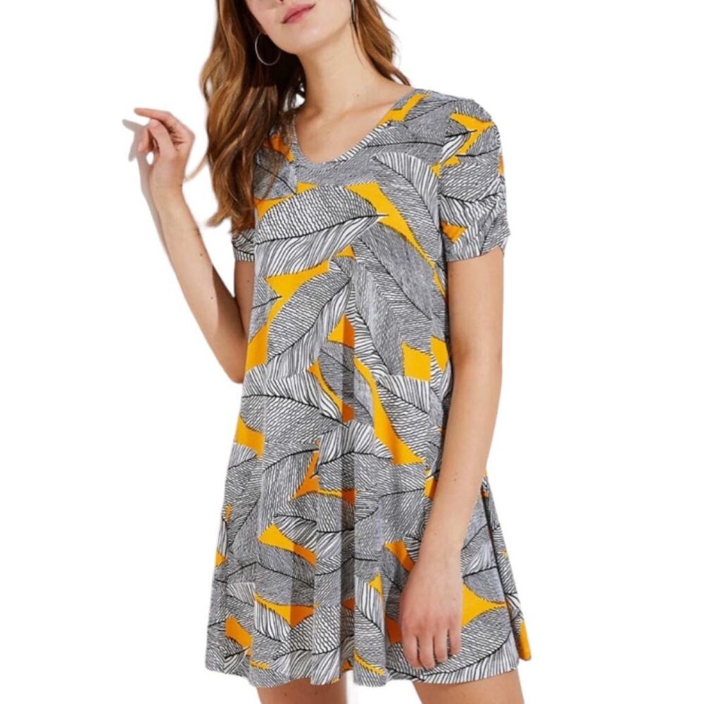 Loft Women's White/Blk/Yellow Fern Leaf Pattern Short Slv Swing Mini Dress SZ S